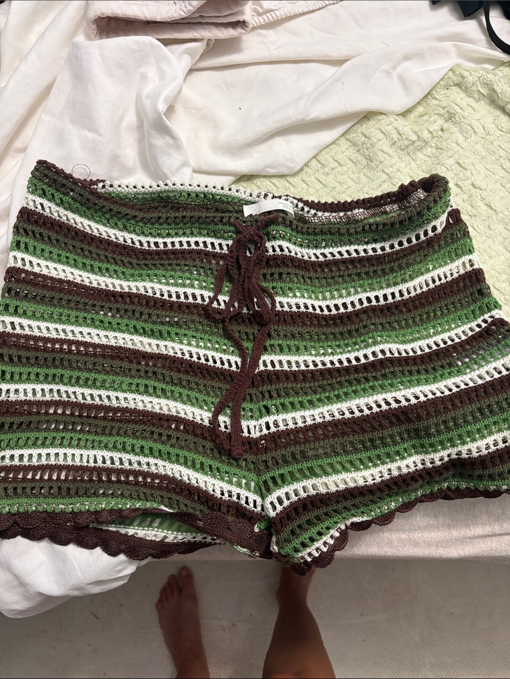 ZARA Crochet Stripe Shorts in Green, Brown & White
